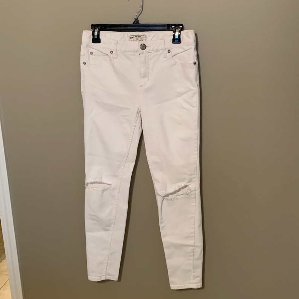 Free people cream straight leg jeans with holes